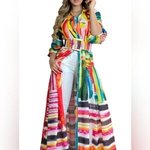 Colorful Printed Belted Shirt Dress Button-Front Maxi Empire Waist